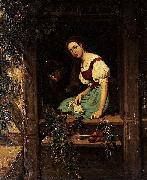 Johan Christoffer Boklund Ung kvinna i fonster med stickning och katt France oil painting artist